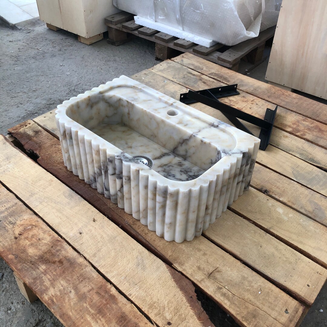 Calacatta Viola Fluted Marble Sink | Small Wall Mounted Powder Room Basin | Hand Carved Grooved Stone Vanity | Custom Bathroom Sink