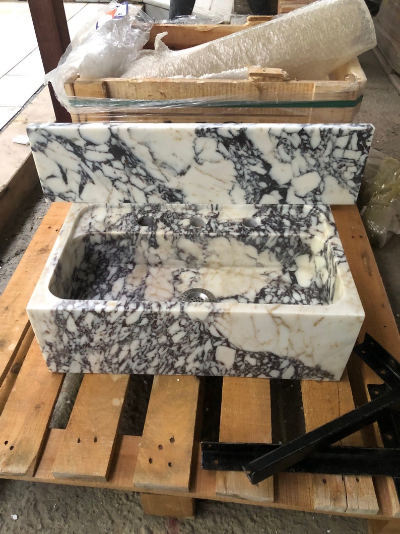 Calacatta Viola Marble Sink, Floating Sink With Backsplash, Marble Sink Vanity, Powder Room Sink, Wall Mounted Sink, Bathroom Sink #etsy