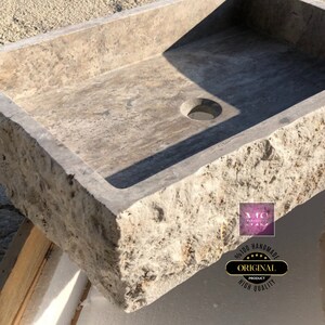 Rustic Travertine Wall Mount Sink – Natural Stone Vessel Sink – Hand-Carved Rectangle Bathroom Vanity – Modern Minimalist Basin