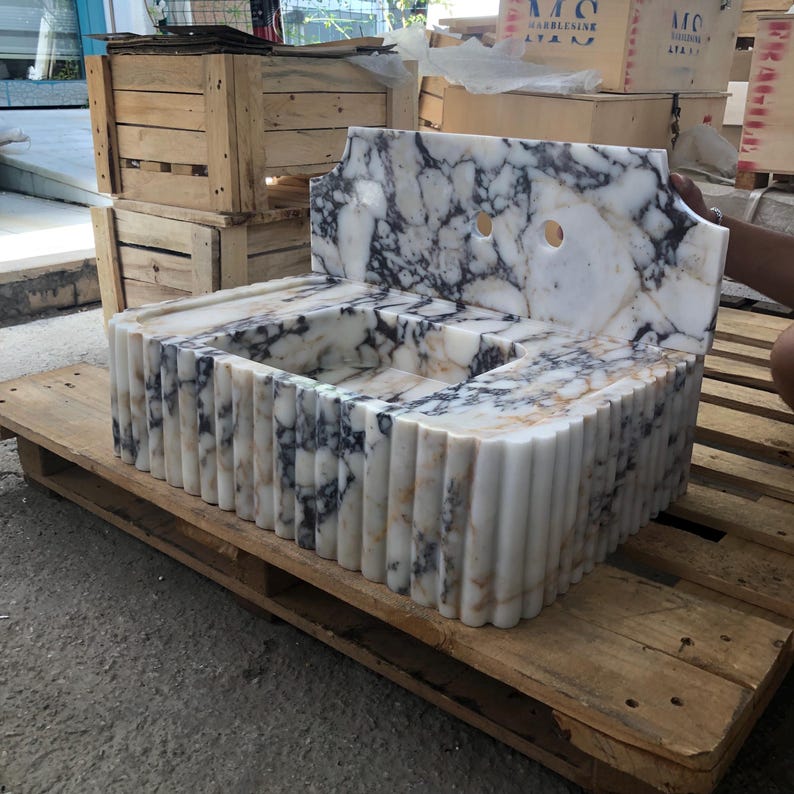 Calacatta Viola Marble Fluted Sink Wall Mount Marble Sink Marble Bathroom Sink Powder Room Sink Custom Vanity Top Natural Stone Marble Sink