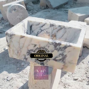 Real Calacatta Marble Vessel Sink - Wall-Mounted Design for Elegant Bathroom Vanity: Rectangular Custom-Made Stone Basin Powder Room Basin