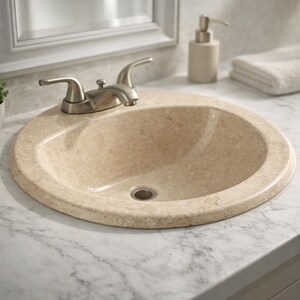 May include: A beige, oval-shaped bathroom sink with a brushed nickel faucet. The sink is set into a white marble countertop. A soap dispenser and folded towel are visible in the background.