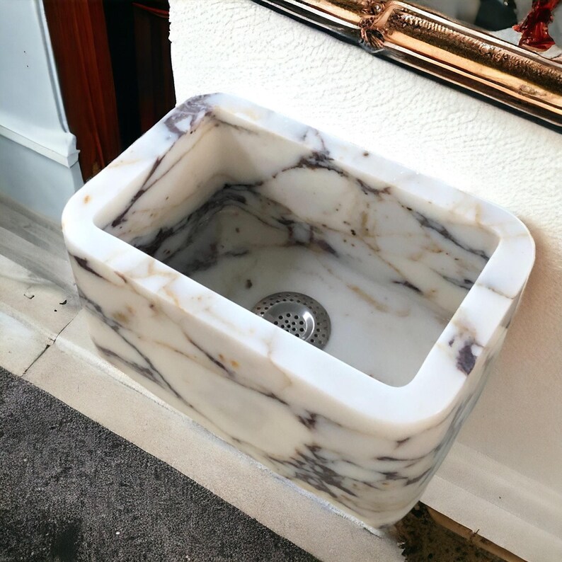 Calacatta Viola Marble Sink, Custom Order Marble Sink, Marble Washbasin, Powder Room sink, Hand Carved Sink, Wall Mounted Sink