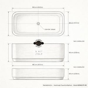 May include: A diagram of a rectangular travertine bathtub, model MONOLITH 160, with dimensions. The top view shows the tub is 63.0 inches long and 31.5 inches wide. Side views show the tub is 23.6 inches high and 31.5 inches wide.