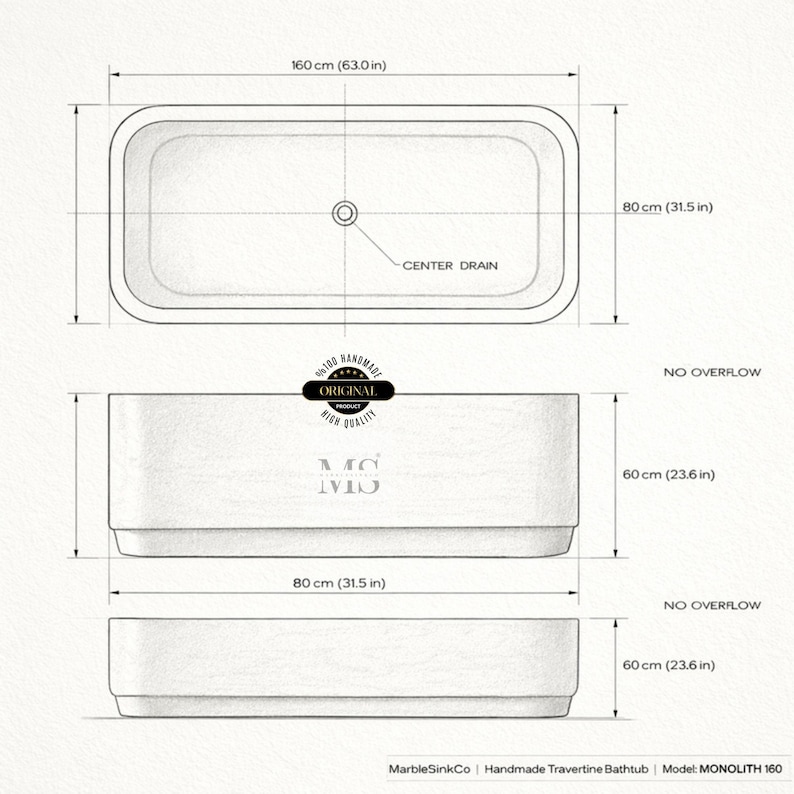 May include: A diagram of a rectangular travertine bathtub, model MONOLITH 160, with dimensions. The top view shows the tub is 63.0 inches long and 31.5 inches wide. Side views show the tub is 23.6 inches high and 31.5 inches wide.