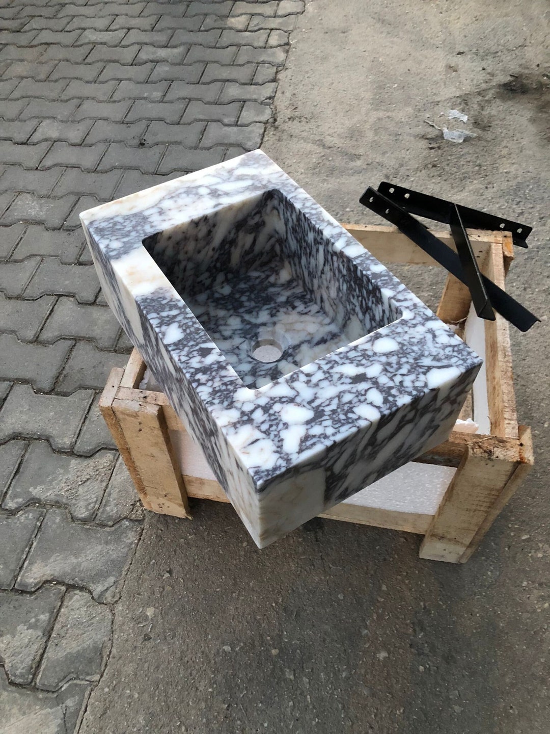 Hand Carved Calacatta Viola Marble Sink: Rectangular Stone Vanity