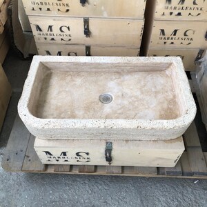 Hand-Carved Travertine Sink - 65x40x10 cm (25.6x15.7x3.9 inç) - Farmhouse & Rustic Bathroom Sink - Countertop/Wall Mounted