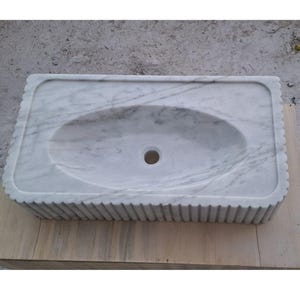 Carrara Marble Wall Mount Sink – Handmade Fluted Vanity Basin – Custom Floating Stone Sink – Modern Bathroom Vessel