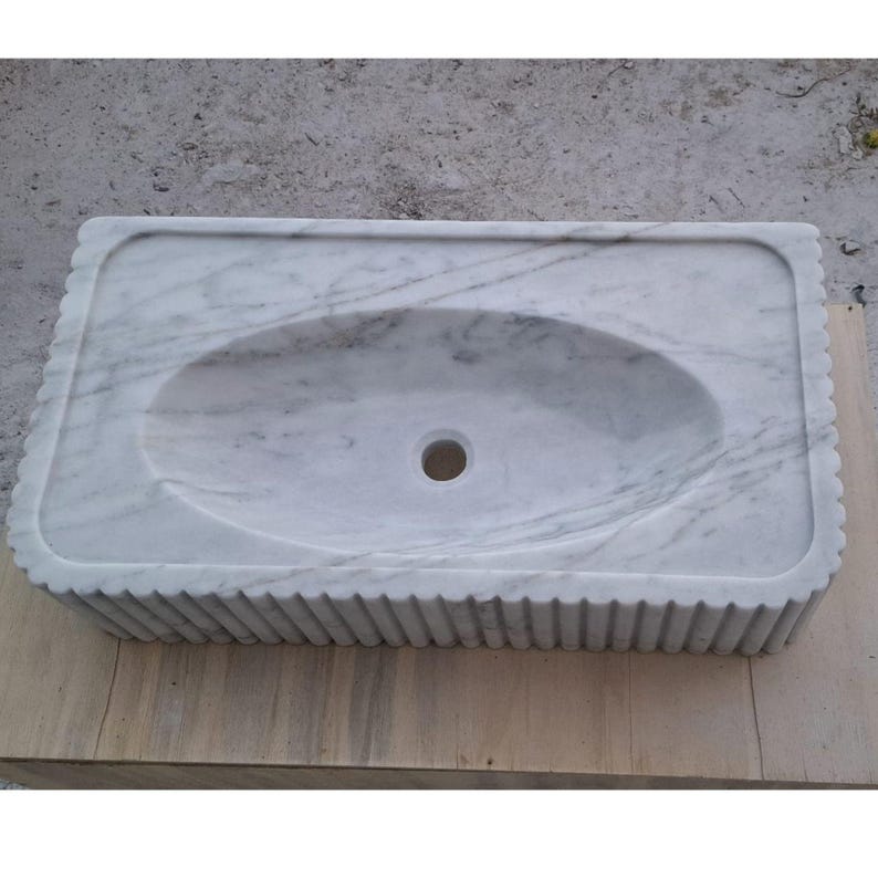 Carrara Marble Wall Mount Sink – Handmade Fluted Vanity Basin – Custom Floating Stone Sink – Modern Bathroom Vessel