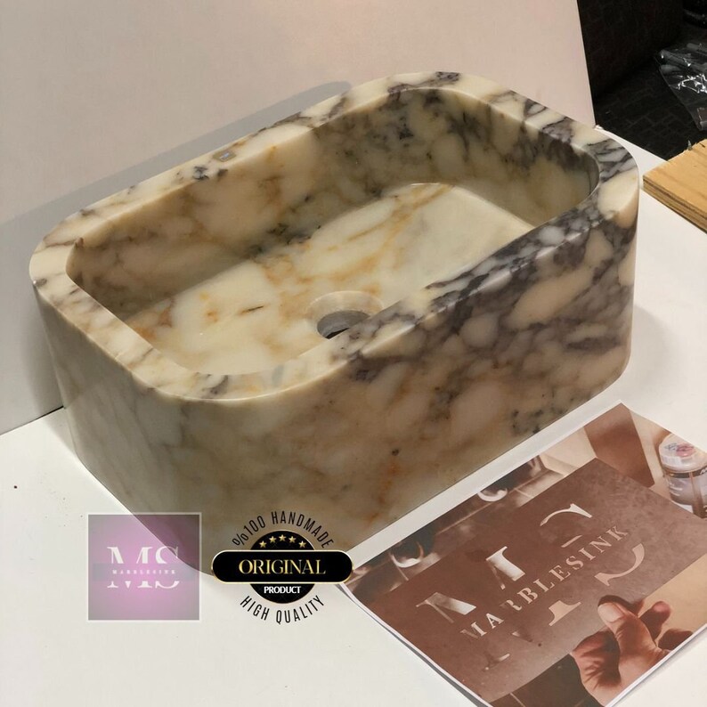 Custom Handcarved Calacatta Viola Marble Sink | Luxury Bathroom Vanity & Vessel Sink | Unique Natural Stone Elegance