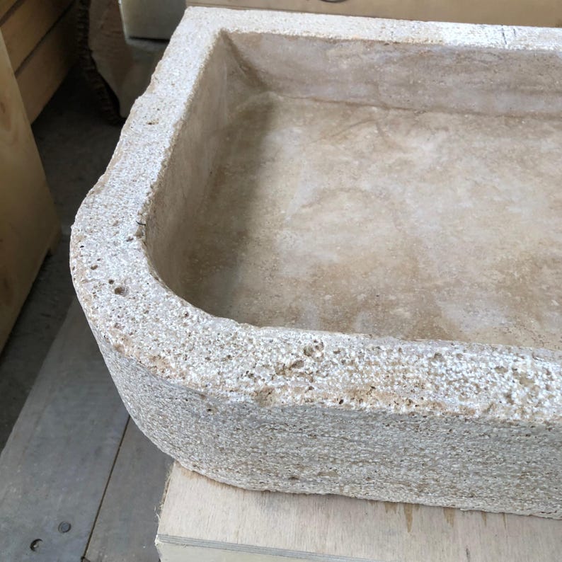 Hand-Carved Travertine Sink - 65x40x10 cm (25.6x15.7x3.9 inç) - Farmhouse & Rustic Bathroom Sink - Countertop/Wall Mounted