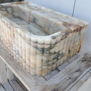 marble bathroom sink, countertop sink, stone bathroom sink, scrubber mounted sink, oval marble sink, custom design sink, white marble sink, natural stone sink, modern marble sink, handmade stone sink, calacatta marble sink, luxury bathroom sink, ribbed sink, Calacatta Macchia Vecchia Marble Sink, Bathroom Vanity