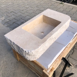 Travertine Sink, Rustic Design,  100% Natural Stone, Handcrafted - Custom Sink, Chiseled Sink, Rustic Sink, Handmade Design, Wall Sink Travertine Sink: Rustic Chiseled Natural Stone Bathroom Vanity-