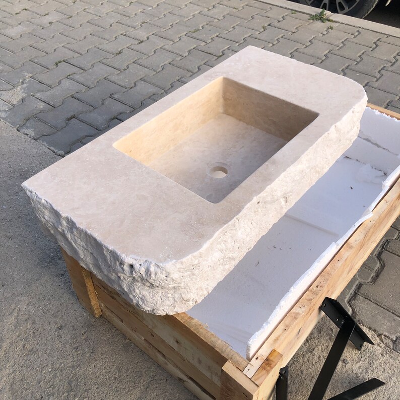 Travertine Sink, Rustic Design,  100% Natural Stone, Handcrafted - Custom Sink, Chiseled Sink, Rustic Sink, Handmade Design, Wall Sink Travertine Sink: Rustic Chiseled Natural Stone Bathroom Vanity-
