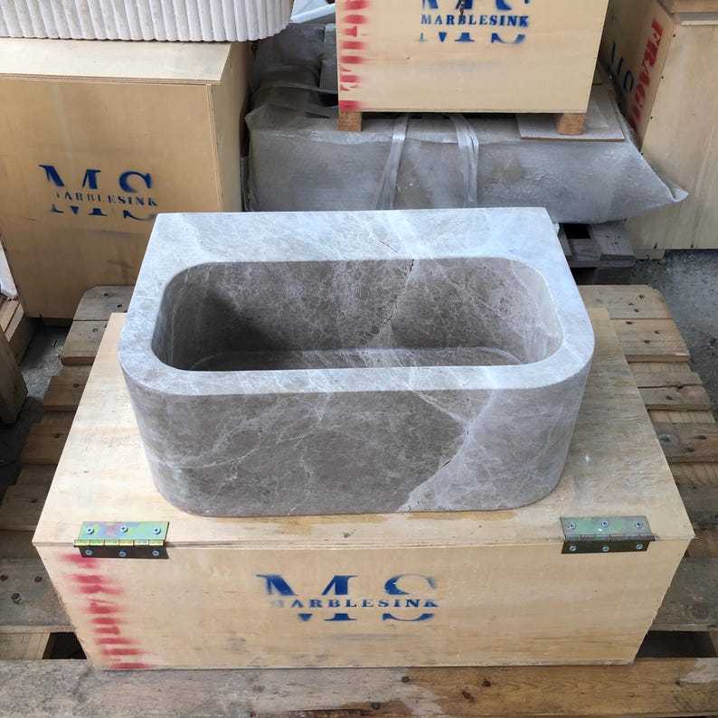 Custom Marble Sink Wall Mounted or Vanity Top Bathroom Sink Hand-Carved Natural Stone Powder Room Sink Emperador Marble  Custom Vanity