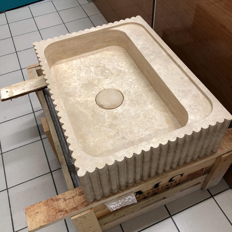 Stone Sink, Wall Mount , Marble Sink, Marble Washbasin, Natural Stone Sink, Powder Room Sink, White Marble , Ribbed Front Sink, Travertine