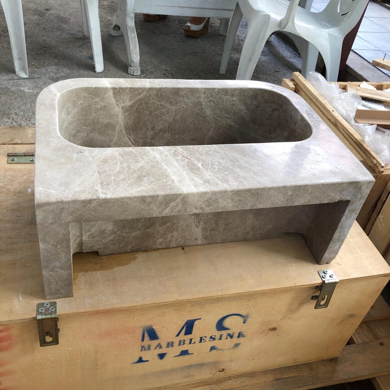 Custom Marble Sink Wall Mounted or Vanity Top Bathroom Sink Hand-Carved Natural Stone Powder Room Sink Emperador Marble  Custom Vanity