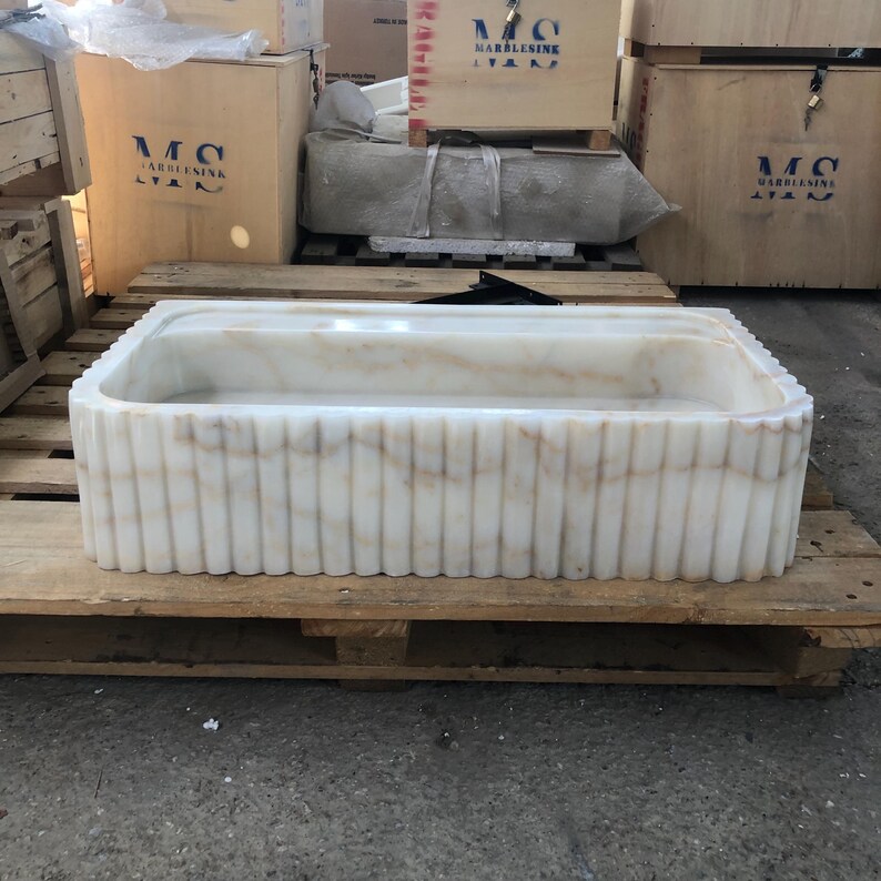 Calacatta Viola Marble Fluted Sink Wall Mount Marble Sink Marble Bathroom Sink Powder Room Sink Custom Vanity Top Natural Stone Marble Sink