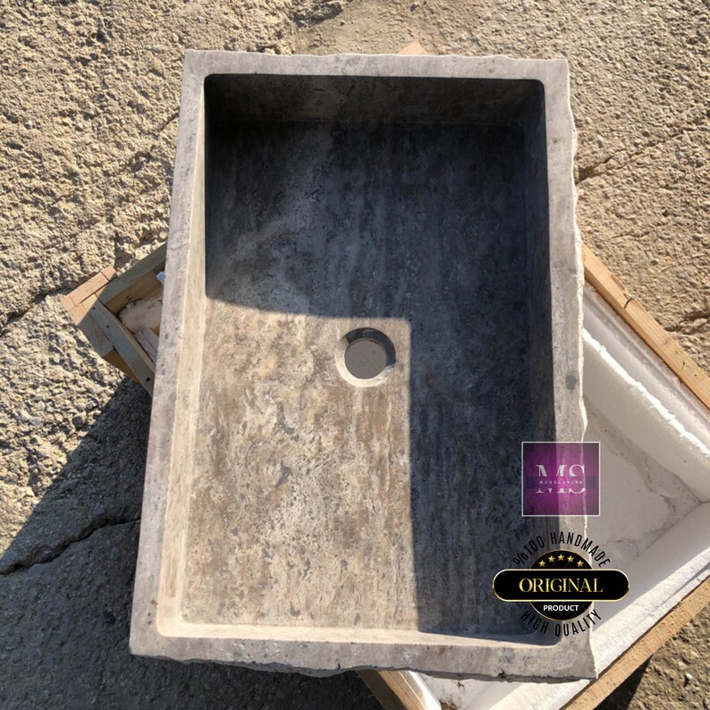 Rustic Travertine Wall Mount Sink – Natural Stone Vessel Sink – Hand-Carved Rectangle Bathroom Vanity – Modern Minimalist Basin