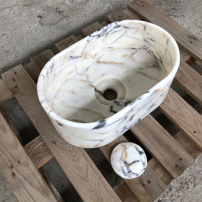 Calacatta Viola Marble Sink, for Bathroom Washbasin, Wall Mount Sink, Farmhouse Sink, Powder Room Sink, Stone Sink for Bathroom Vanity zdjęcie 8