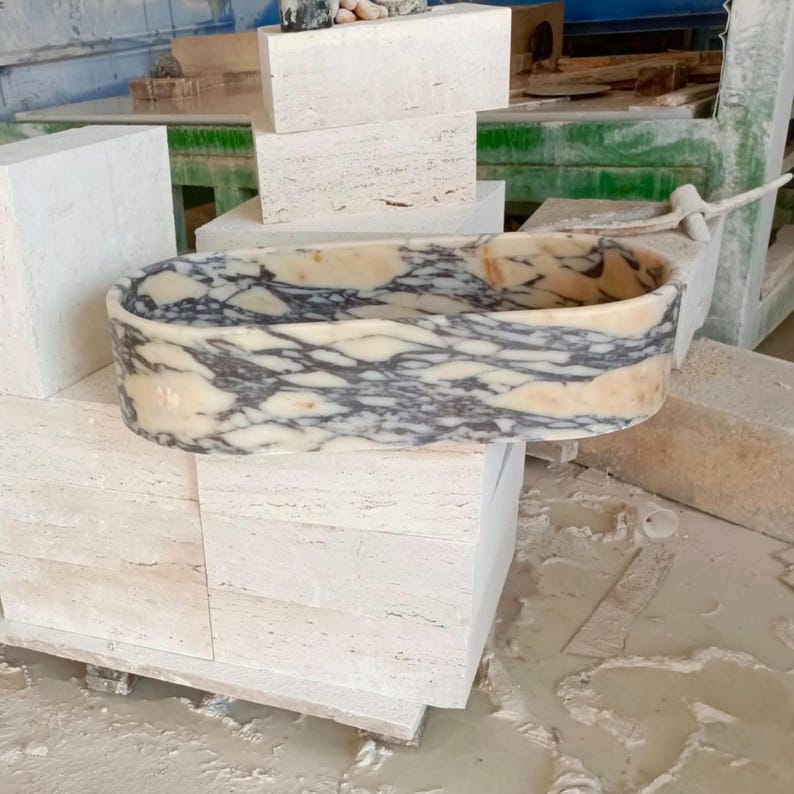 Custom Calacatta Viola Single Vanity Sink in White Marble for Powder Rooms