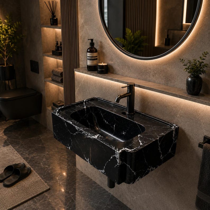 Handmade Black Marble Wall Mounted Sink | Nero Marquina Floating Bathroom Sink | Luxury Natural Stone Vanity | Custom Wall Hung Wash Basin