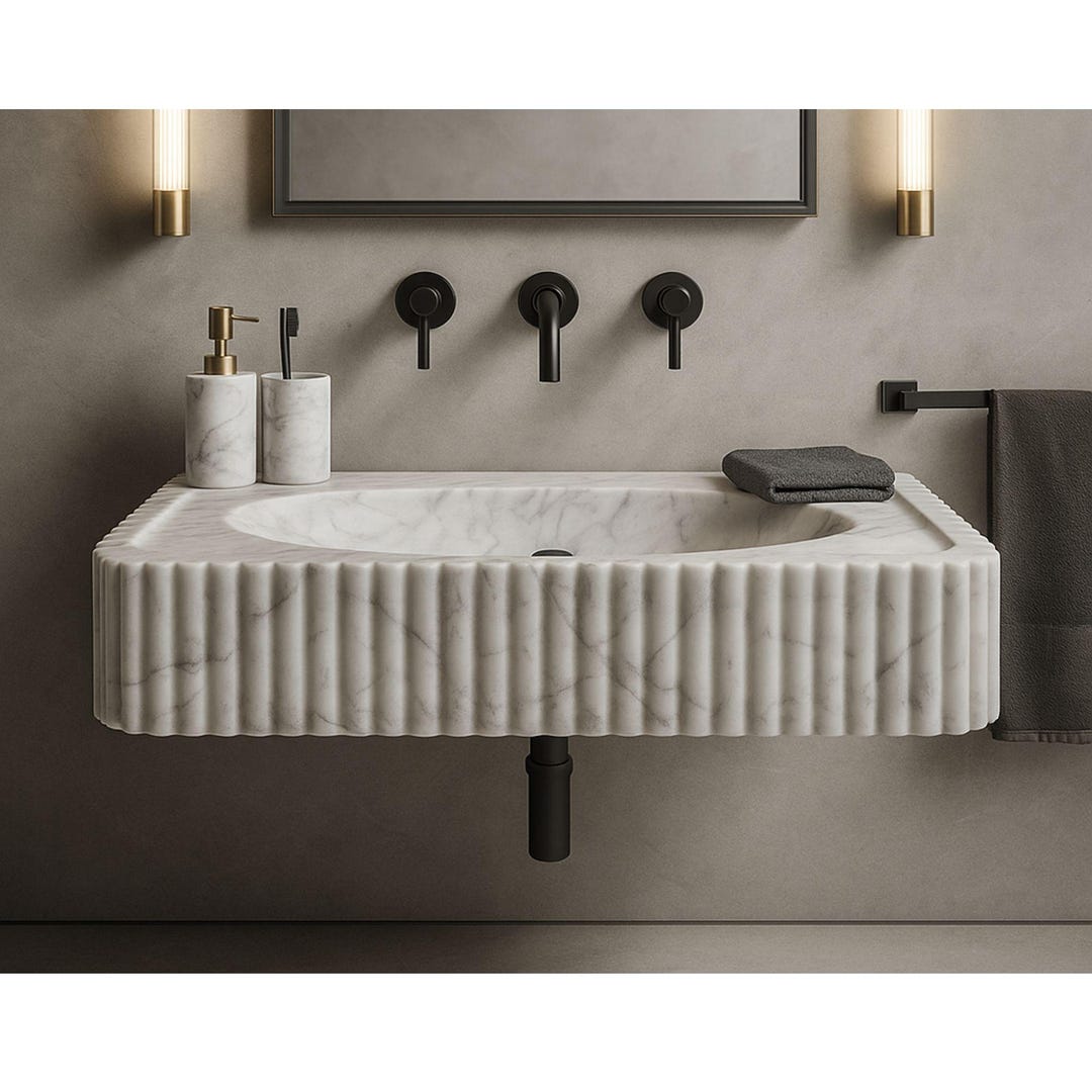 Hand-Carved Carrara Marble Wall Mount Sink: Fluted Vanity Basin