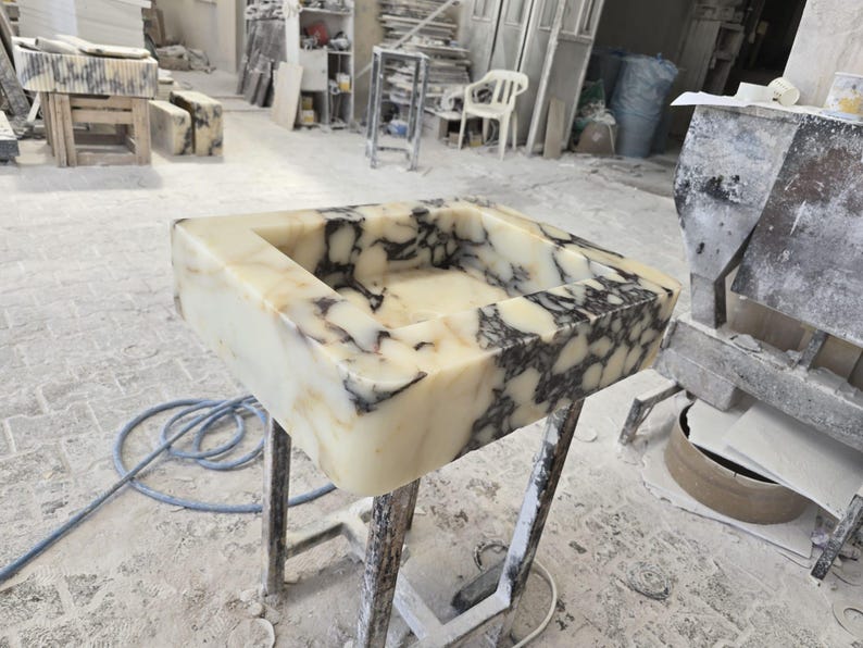 Handmade Calacatta Viola Marble Sink – Custom Wall Mount or Countertop Vanity Basin – Solid Stone Bathroom Sink, Unique Italian Marble Washbasin