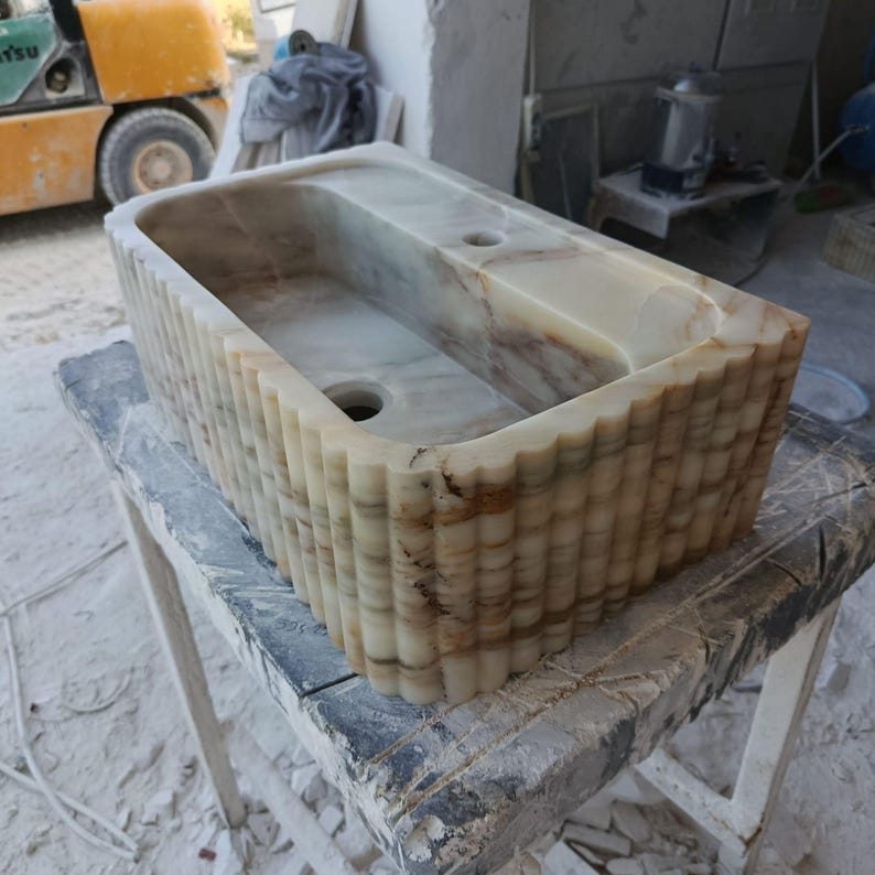 marble bathroom sink, countertop sink, stone bathroom sink, scrubber mounted sink, oval marble sink, custom design sink, white marble sink, natural stone sink, modern marble sink, handmade stone sink, calacatta marble sink, luxury bathroom sink, ribbed sink, Calacatta Macchia Vecchia Marble Sink, Bathroom Vanity