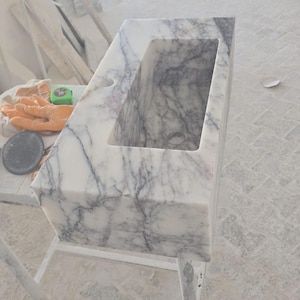 Custom White Marble Floating Sink with Gray Black Veins, Wall Mounted or Countertop Basin, Natural Stone Rectangle Bathroom Vanity