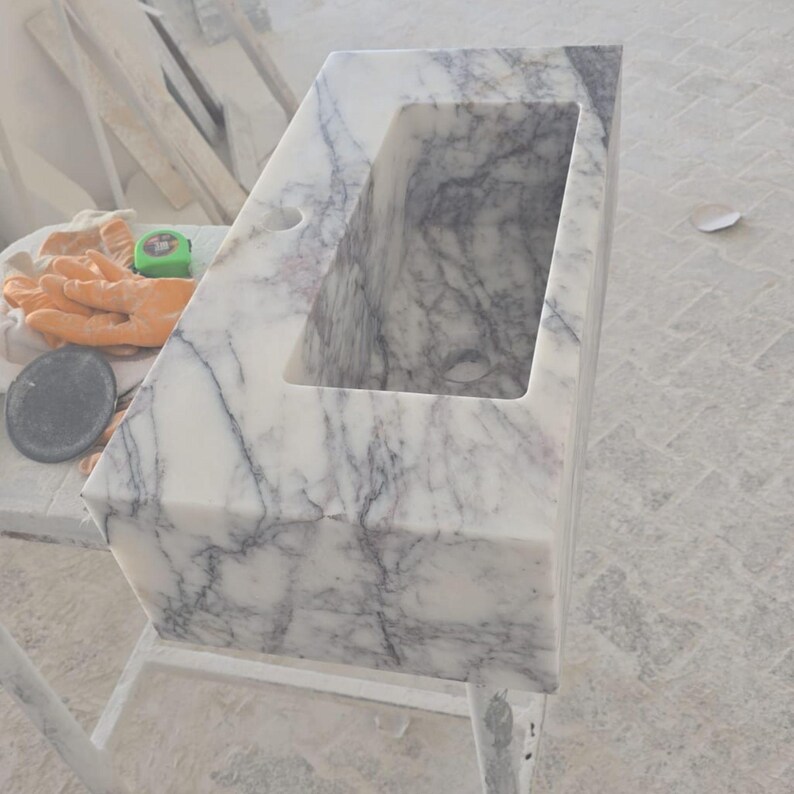 Custom White Marble Floating Sink with Gray Black Veins, Wall Mounted or Countertop Basin, Natural Stone Rectangle Bathroom Vanity