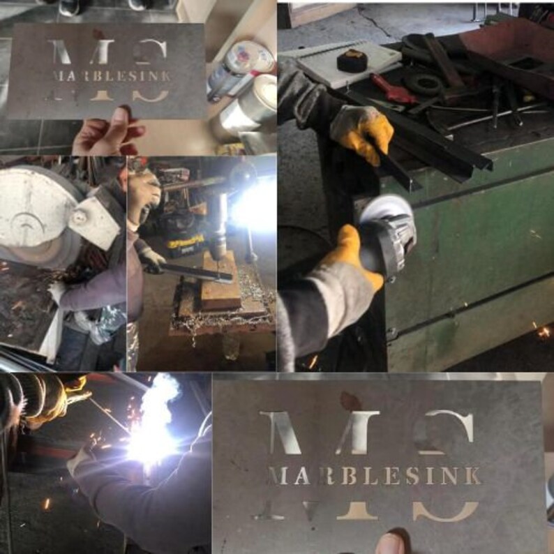 Puede incluir: Primer plano de un letrero de metal con el texto "MARBLESINK" recortado. El letrero se est&aacute; haciendo en un taller con herramientas y equipo de soldadura.