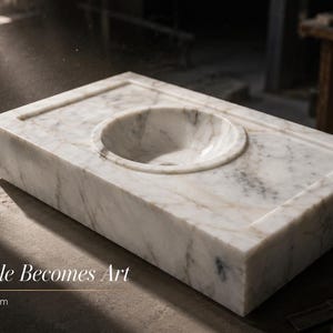 Massive Calacatta marble block transported from the quarry on a flatbed truck, secured for delivery to the stone workshop for sink production