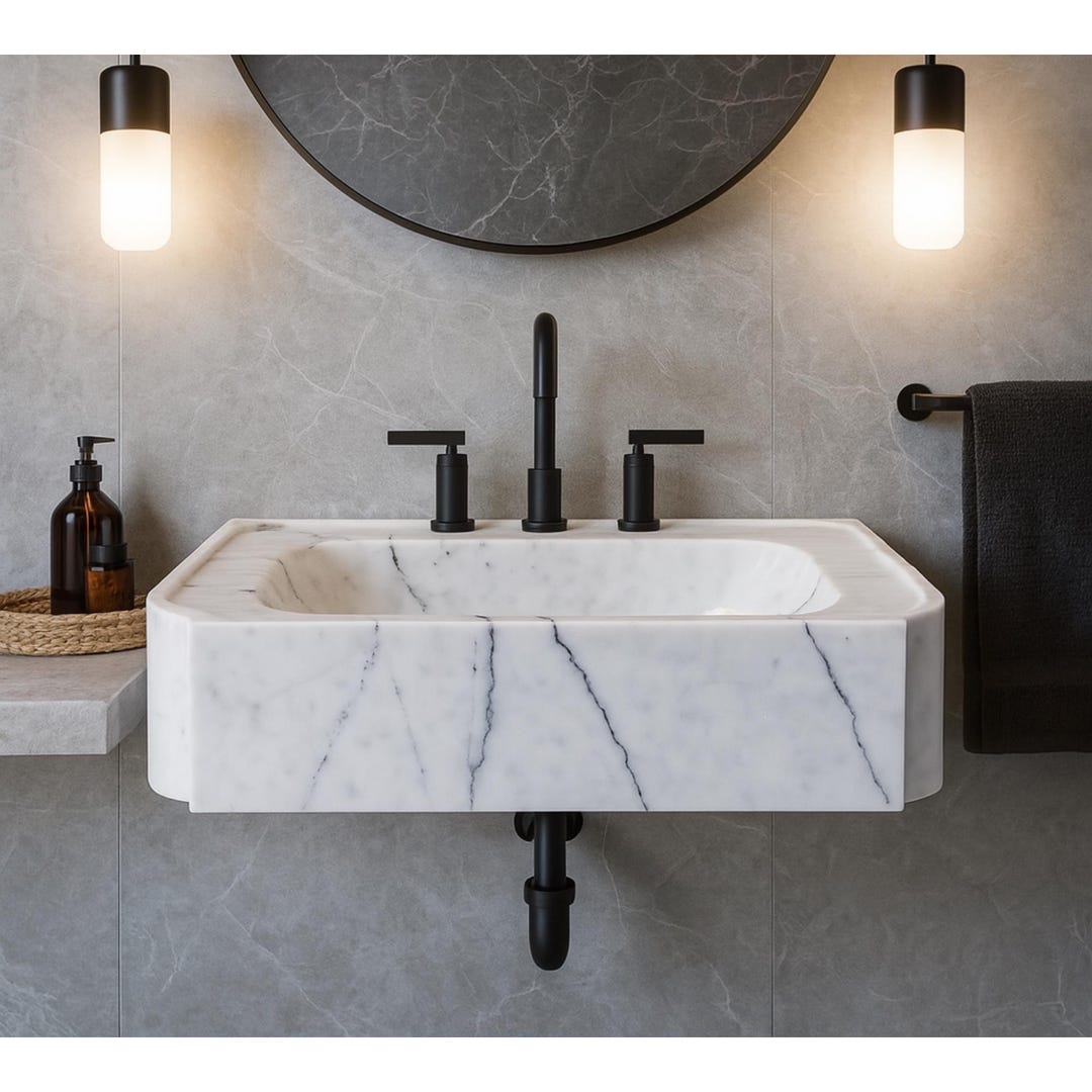 Handmade Carrara Marble Wall Mount Sink: Fluted Modern Vanity