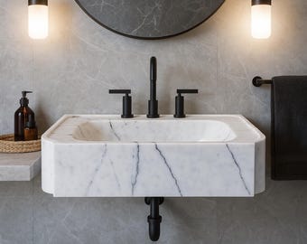Handmade Carrara Marble Wall Mount Sink: Fluted Modern Vanity by MarbleSinkCo