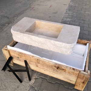 Travertine Sink, Rustic Design,  100% Natural Stone, Handcrafted - Custom Sink, Chiseled Sink, Rustic Sink, Handmade Design, Wall Sink - Travertine Sink: Rustic Chiseled Natural Stone Bathroom Vanity