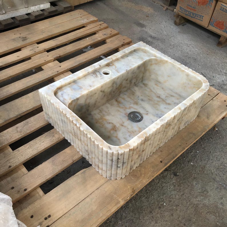 Calacatta Viola Marble Fluted Sink Wall Mount Marble Sink Marble Bathroom Sink Powder Room Sink Custom Vanity Top Natural Stone Marble Sink
