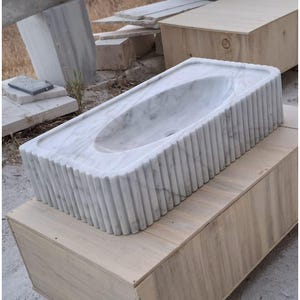 Carrara Marble Wall Mount Sink – Handmade Fluted Vanity Basin – Custom Floating Stone Sink – Modern Bathroom Vessel