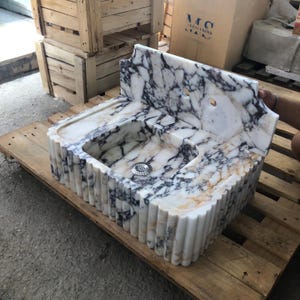Calacatta Viola Marble Fluted Sink Wall Mount Marble Sink Marble Bathroom Sink Powder Room Sink Custom Vanity Top Natural Stone Marble Sink