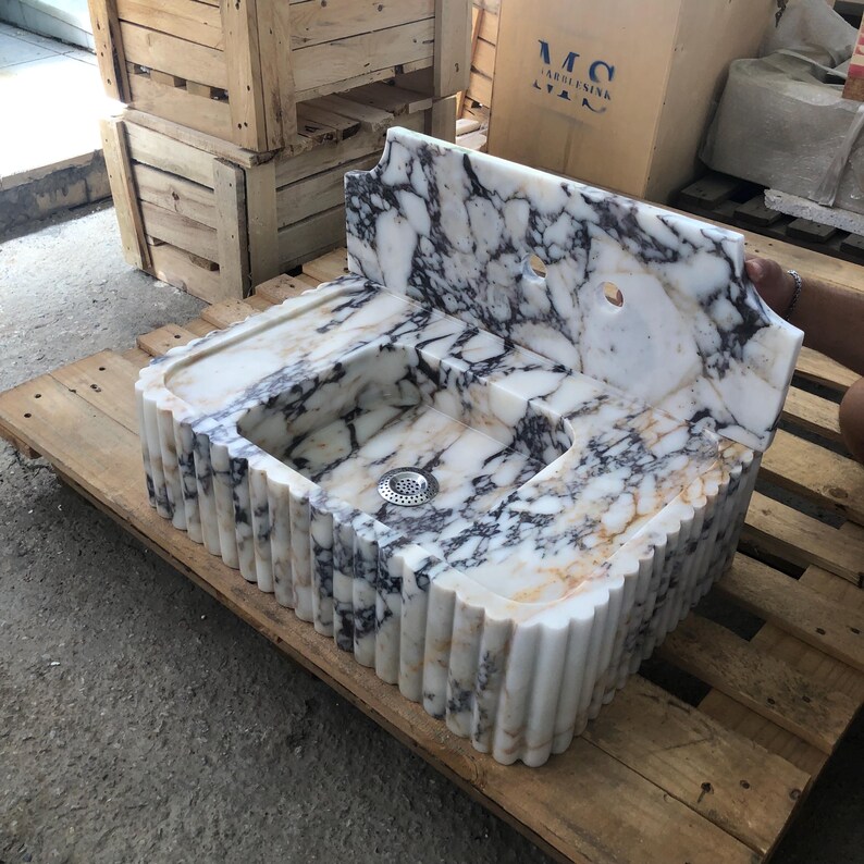 Calacatta Viola Marble Fluted Sink Wall Mount Marble Sink Marble Bathroom Sink Powder Room Sink Custom Vanity Top Natural Stone Marble Sink