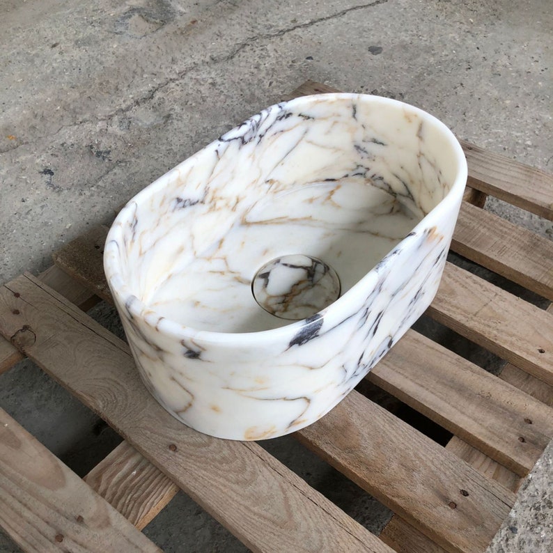 Calacatta Viola Marble Sink, for Bathroom Washbasin, Wall Mount Sink, Farmhouse Sink, Powder Room Sink, Stone Sink for Bathroom Vanity zdjęcie 1