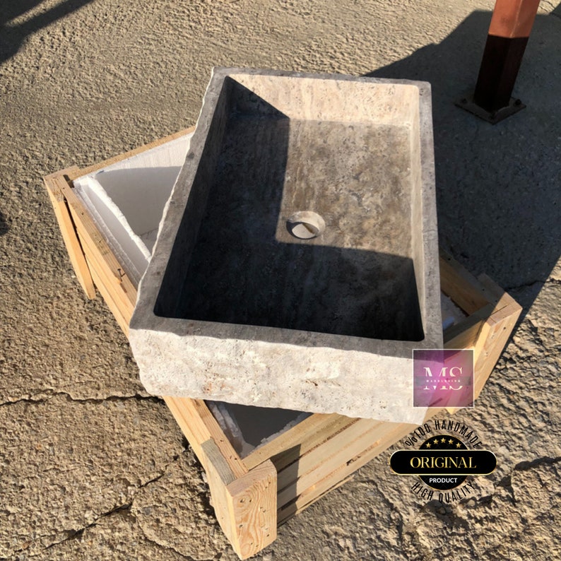 Rustic Travertine Wall Mount Sink – Natural Stone Vessel Sink – Hand-Carved Rectangle Bathroom Vanity – Modern Minimalist Basin