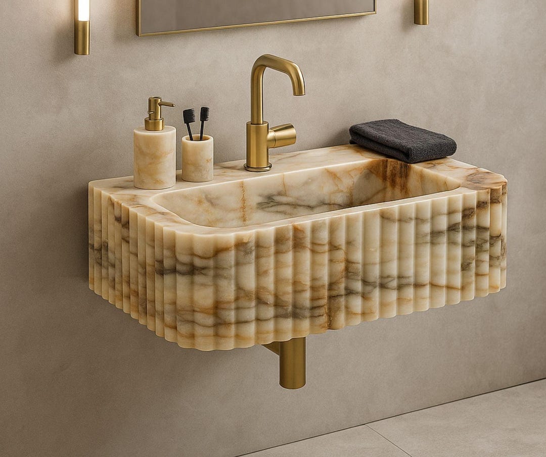 Ribbed Calacatta Marble Sink, Stone Vessel Basin, Luxury Powder Room