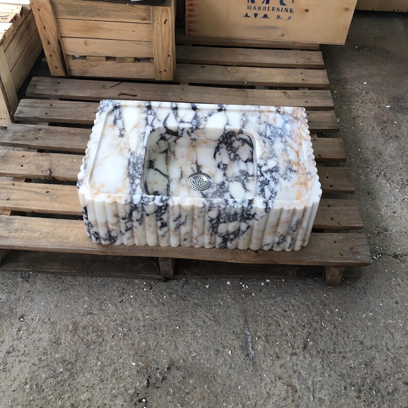 Calacatta Viola Marble Fluted Sink Wall Mount Marble Sink Marble Bathroom Sink Powder Room Sink Custom Vanity Top Natural Stone Marble Sink