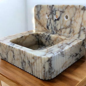 Calacatta Viola Marble Sink: Grooved Front, Wall Mount Bathroom Vanity by MarbleSinkCo