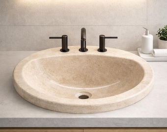 19 Inch Round Natural Travertine Drop In Sink, 3 Faucet Holes, Modern Vanity by MarbleSinkCo