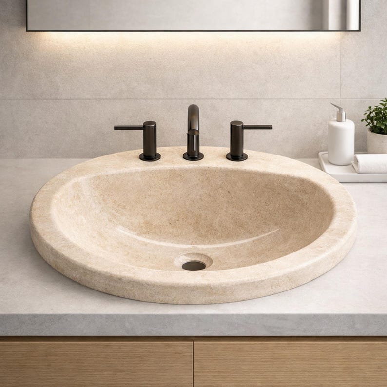 19 Inch Round Natural Travertine Drop In Sink, 3 Faucet Holes, Modern Vanity