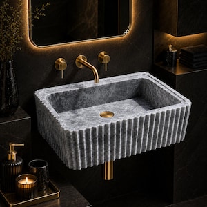Luxury Handcrafted Tundra Gray Marble Wall Mounted Fluted Sink
Natural Stone Bathroom Vanity Basin by MarbleSinkCo, Gray  marble sink - countertop sink - vanity sink - farmhouse sink - vessel sink - splashback sink - bathroom sink - wall-mounted marble sink - wall-mounted sink - kitchen sink - console pedestal marble sink - cabinet top sink - marble sink with wooden drawers - square