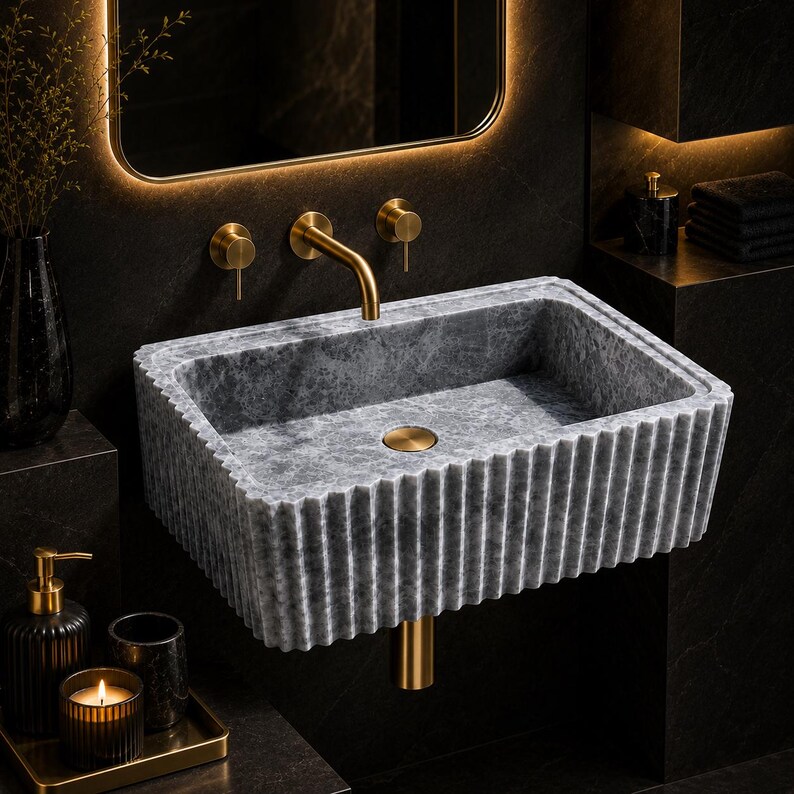 Luxury Handcrafted Tundra Gray Marble Wall Mounted Fluted Sink
Natural Stone Bathroom Vanity Basin by MarbleSinkCo, Gray  marble sink - countertop sink - vanity sink - farmhouse sink - vessel sink - splashback sink - bathroom sink - wall-mounted marble sink - wall-mounted sink - kitchen sink - console pedestal marble sink - cabinet top sink - marble sink with wooden drawers - square