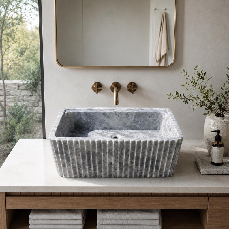 Luxury Handcrafted Tundra Gray Marble Wall Mounted Fluted Sink
Natural Stone Bathroom Vanity Basin by MarbleSinkCo, Gray  marble sink - countertop sink - vanity sink - farmhouse sink - vessel sink - splashback sink - bathroom sink - wall-mounted marble sink - wall-mounted sink - kitchen sink - console pedestal marble sink - cabinet top sink - marble sink with wooden drawers - square